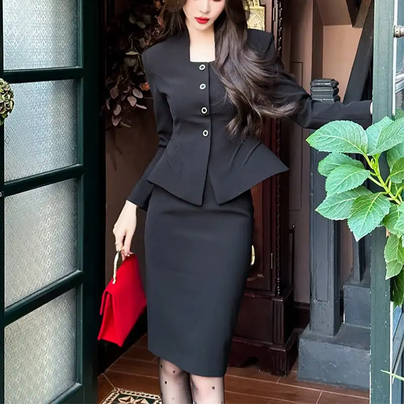 セットアップ OL/通勤 ビジネス アウター+スカート ブラック