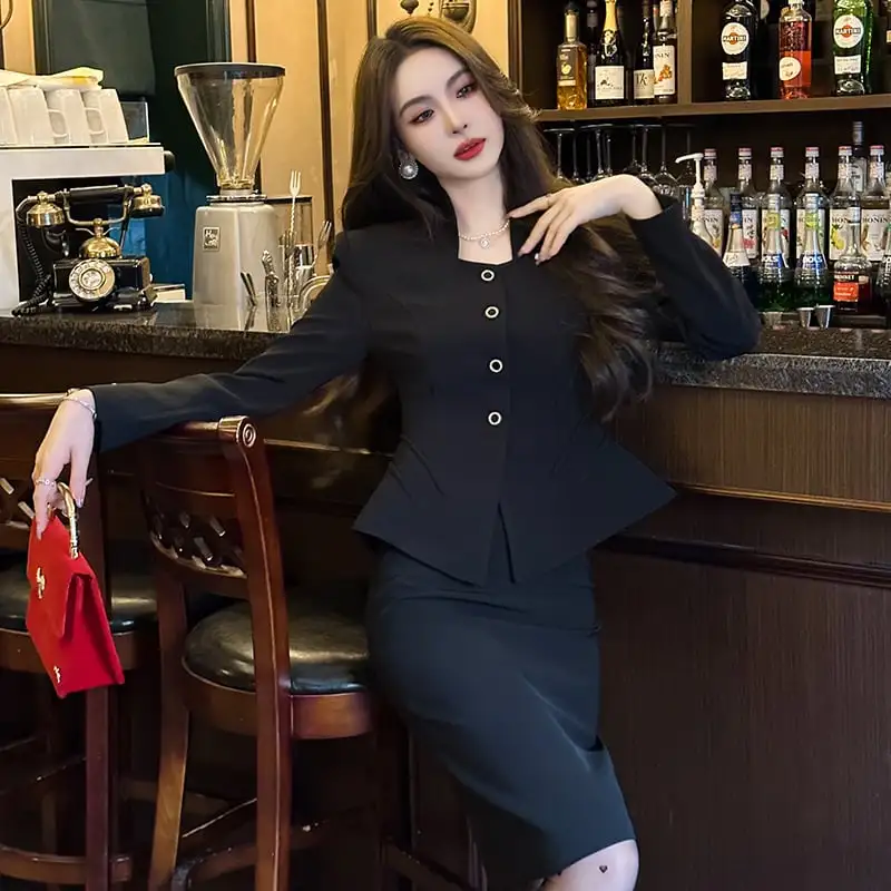 セットアップ OL/通勤 ビジネス アウター+スカート ブラック