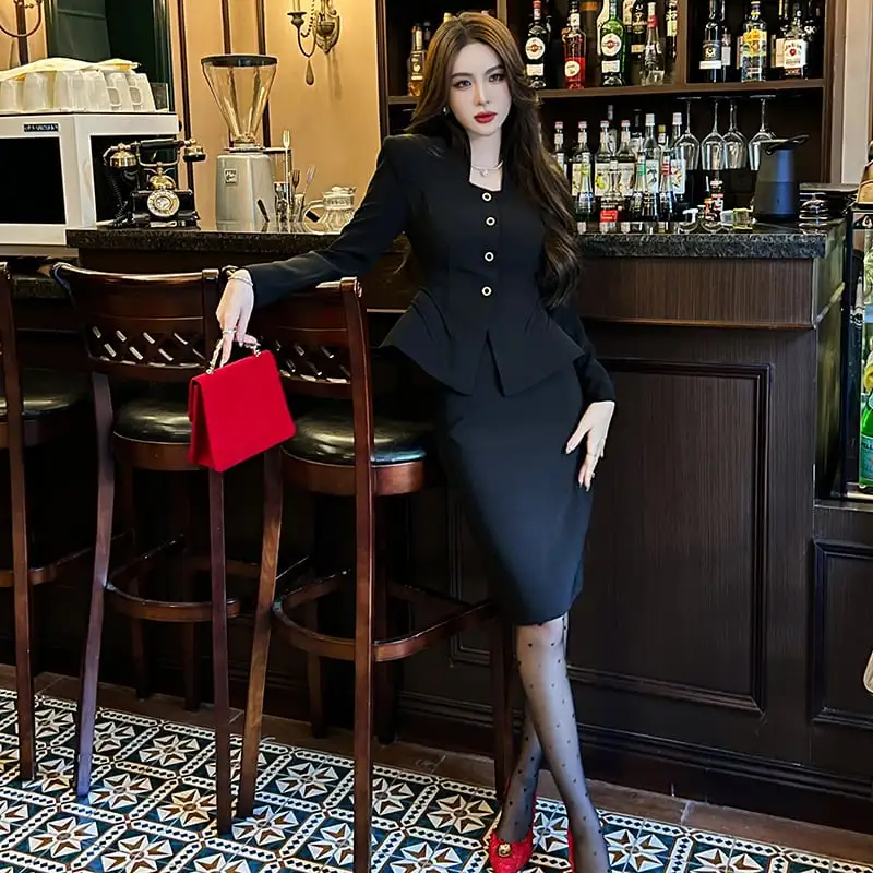 セットアップ OL/通勤 ビジネス アウター+スカート ブラック