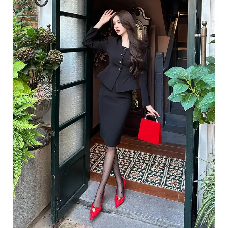 セットアップ OL/通勤 ビジネス アウター+スカート ブラック