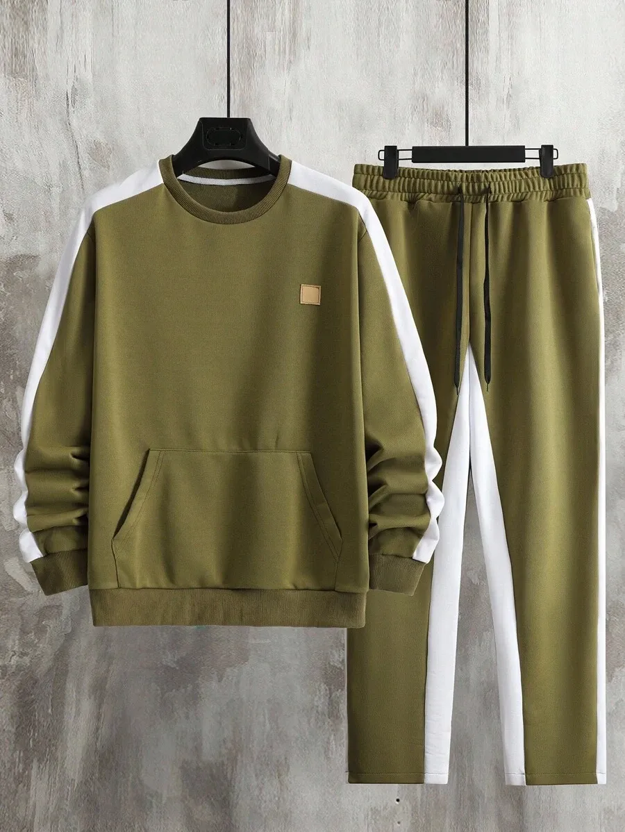 コントラストカラー ラウンドネック 長袖 ポケット付きスウェットシャツ　スウェットパンツ カジュアルスーツ 2点セット