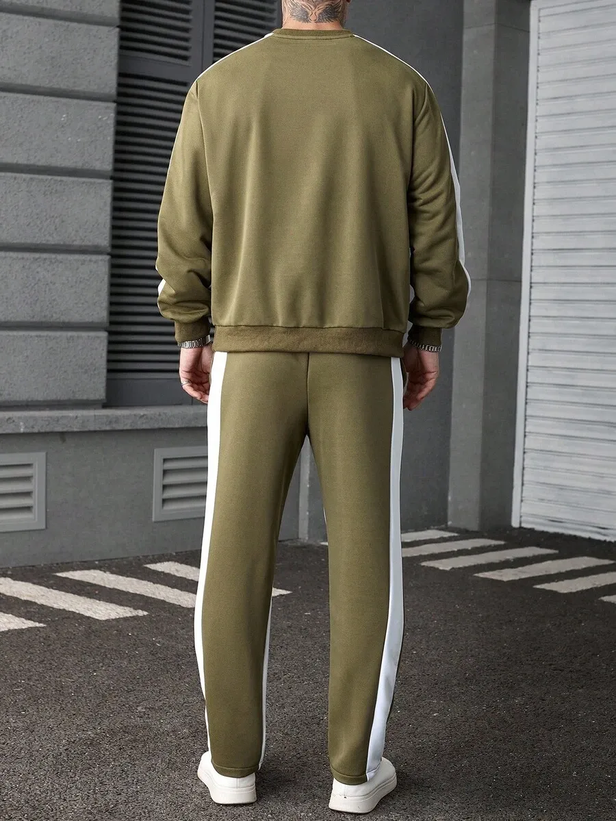コントラストカラー ラウンドネック 長袖 ポケット付きスウェットシャツ　スウェットパンツ カジュアルスーツ 2点セット