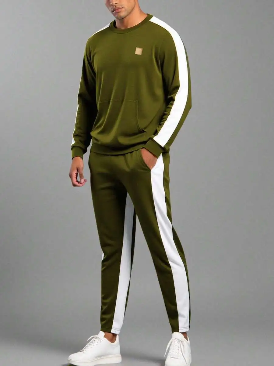 コントラストカラー ラウンドネック 長袖 ポケット付きスウェットシャツ　スウェットパンツ カジュアルスーツ 2点セット