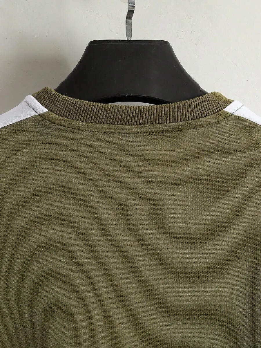 コントラストカラー ラウンドネック 長袖 ポケット付きスウェットシャツ　スウェットパンツ カジュアルスーツ 2点セット