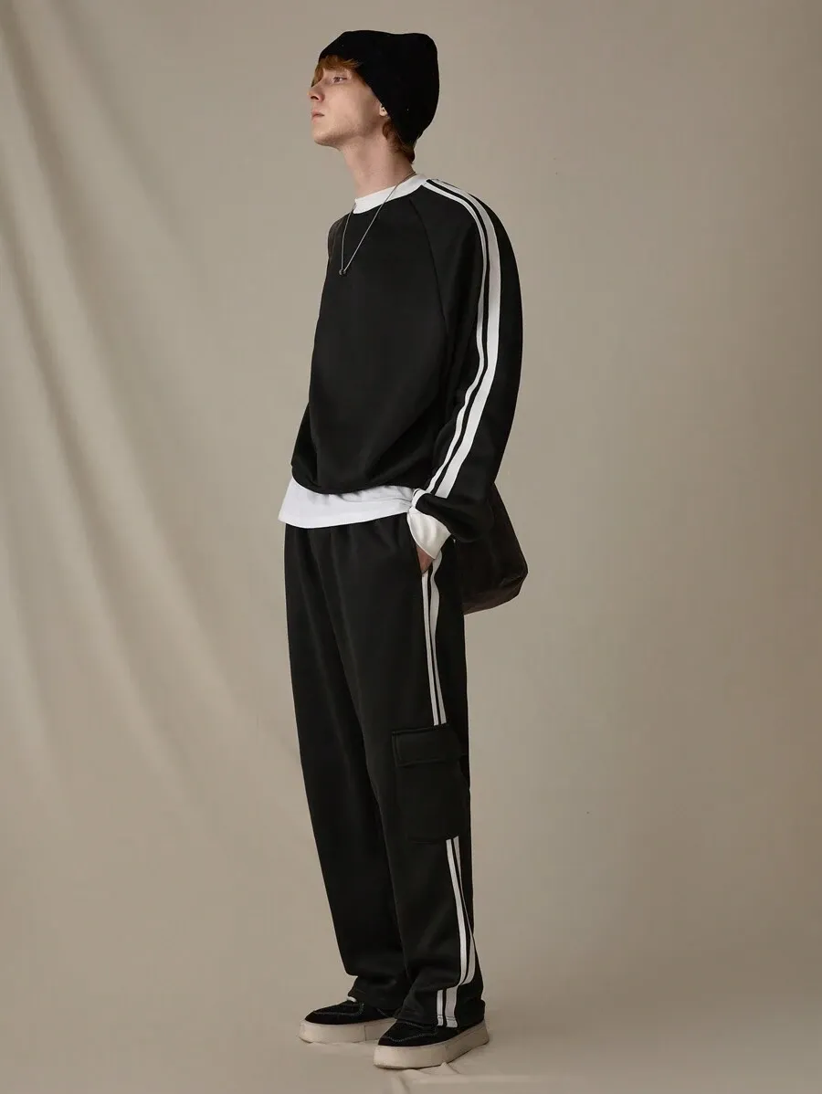 メンズ ニット カジュアル ルーズ フィット 長袖 スウェットシャツ ストレートレッグパンツ セットアップ