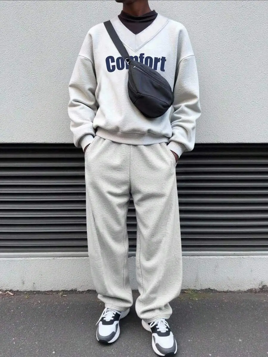 メンズ カジュアル Vネック ロング スリーブ スウェットシャツ スポーツパンツ セット