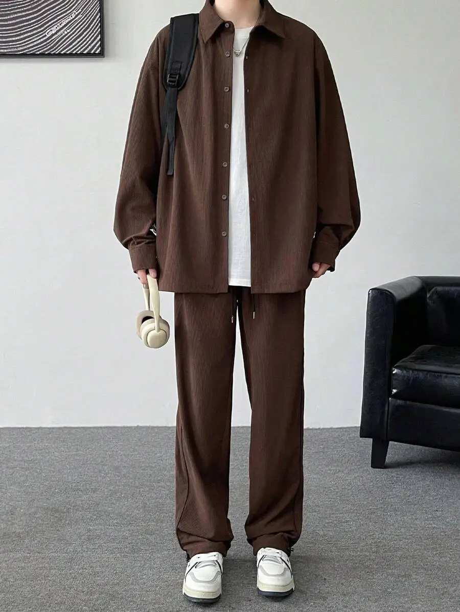 メンズカジュアル 無地 ルーズシャツ&パンツ セット、外出やシーズンに適しています