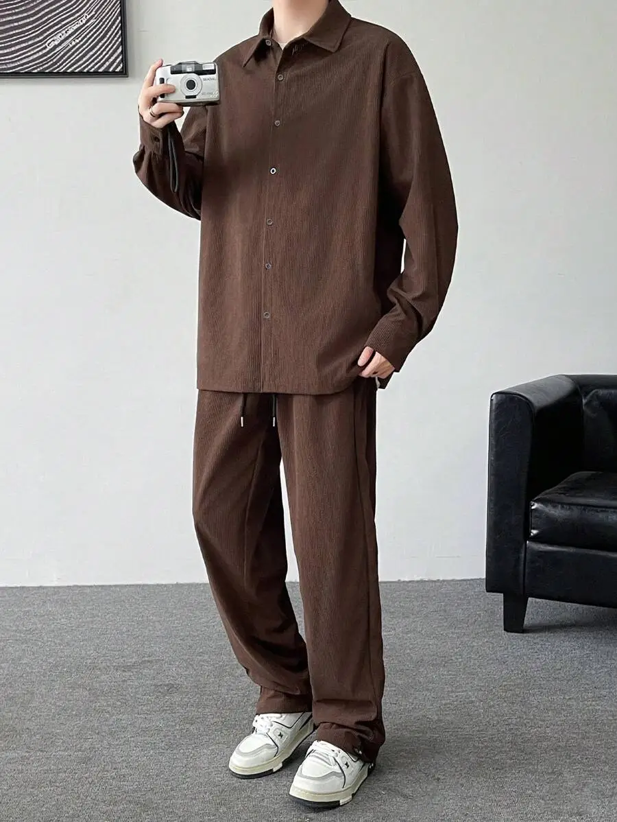メンズカジュアル 無地 ルーズシャツ&パンツ セット、外出やシーズンに適しています