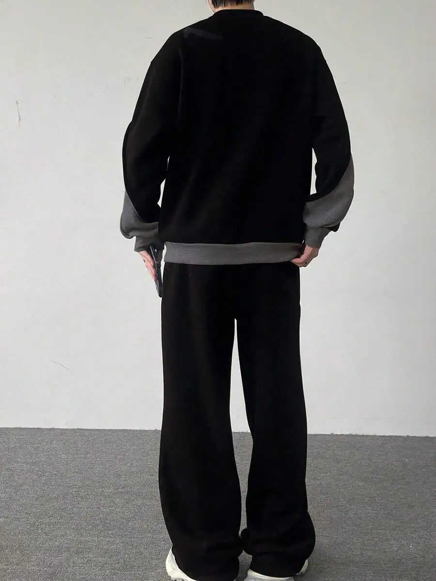 メンズ クルーネック 長袖 カジュアル スウェットシャツ スウェットパンツ ルーズフィット セット
