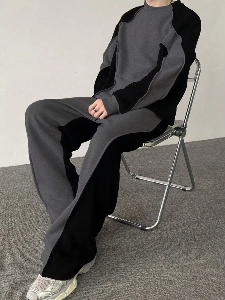 メンズ クルーネック 長袖 カジュアル スウェットシャツ スウェットパンツ ルーズフィット セット