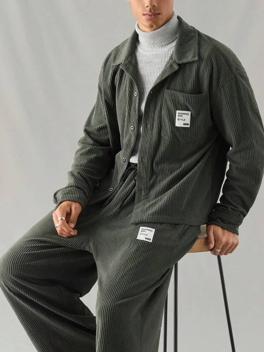 2点セット メンズ カジュアル ニットコーデュロイ 長袖シャツ ストレートレッグ パンツ