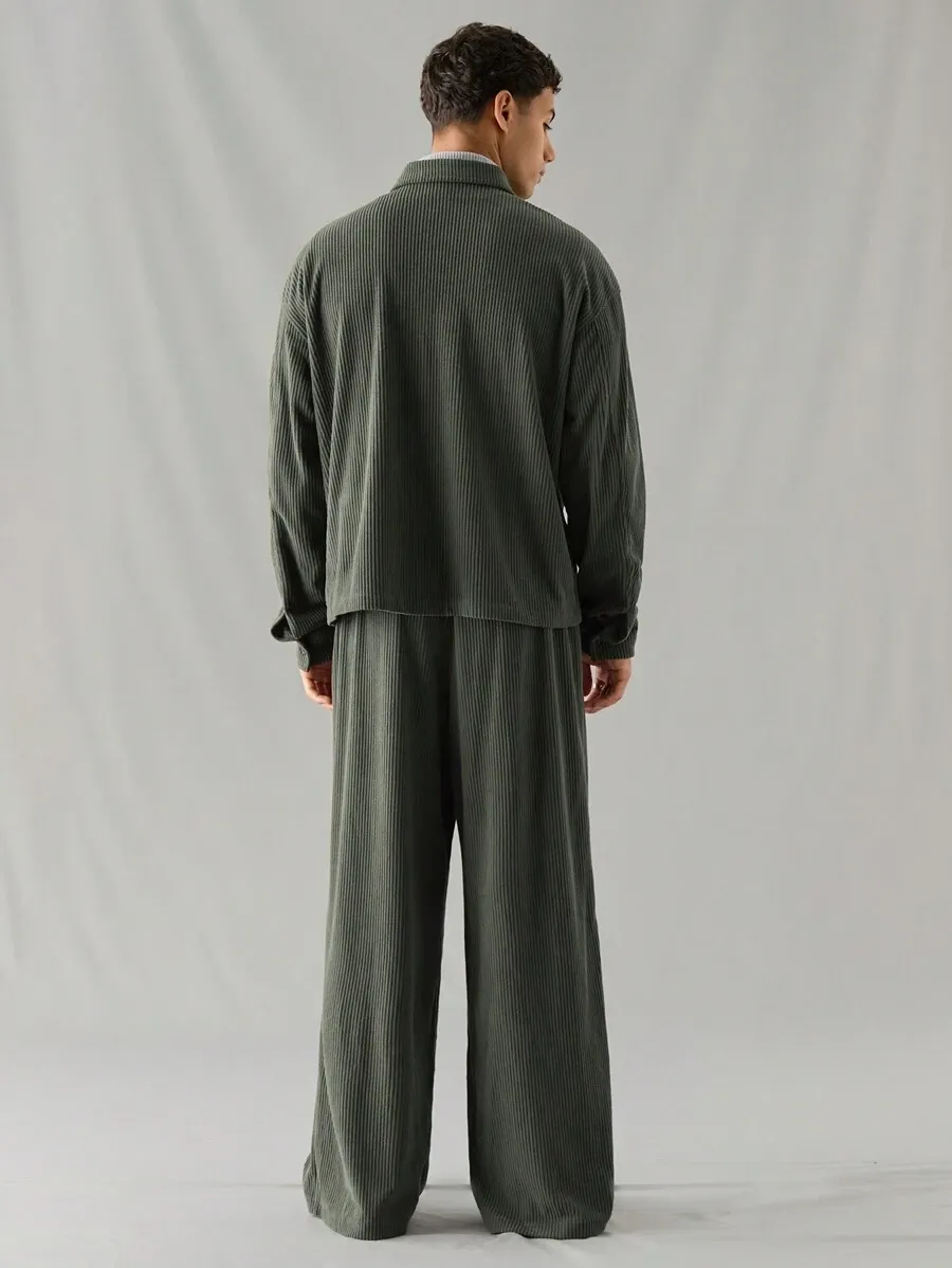 2点セット メンズ カジュアル ニットコーデュロイ 長袖シャツ ストレートレッグ パンツ