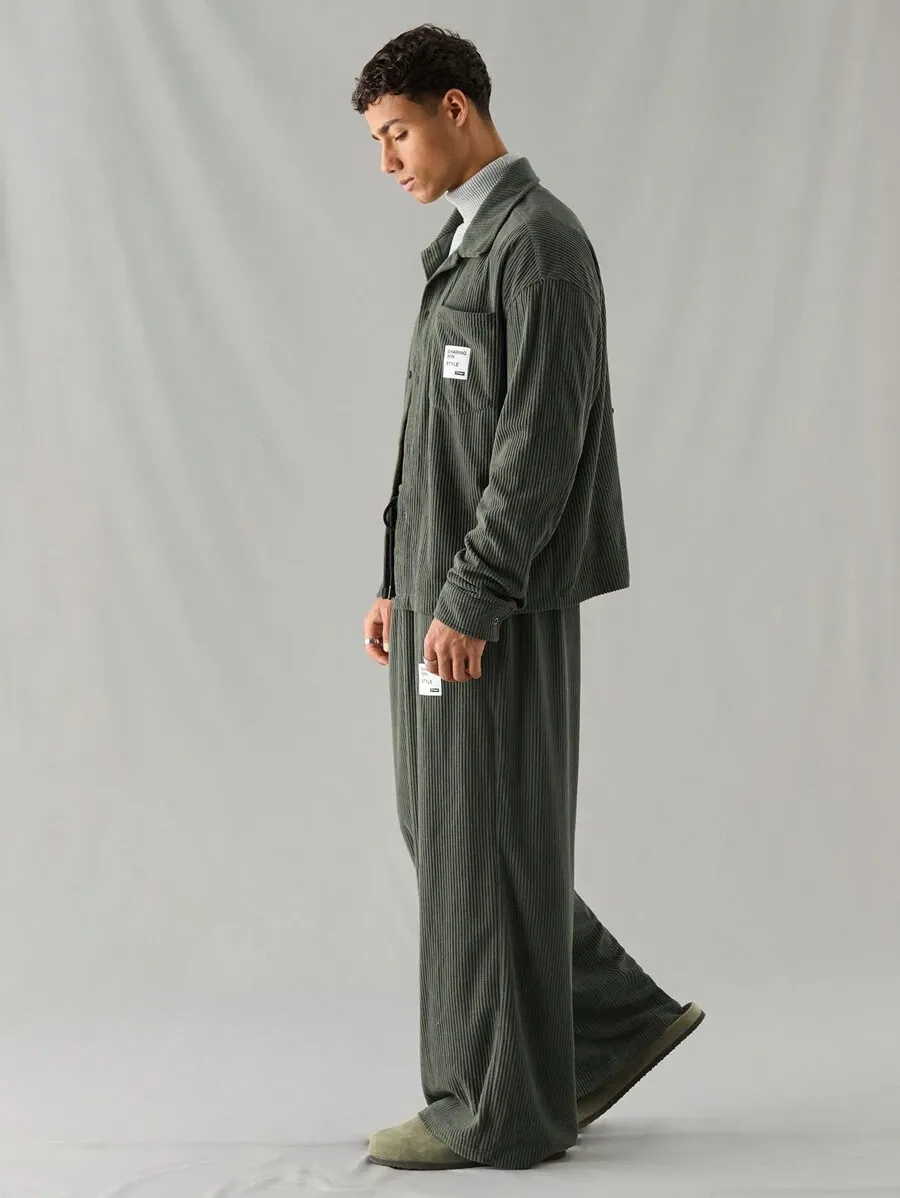 2点セット メンズ カジュアル ニットコーデュロイ 長袖シャツ ストレートレッグ パンツ