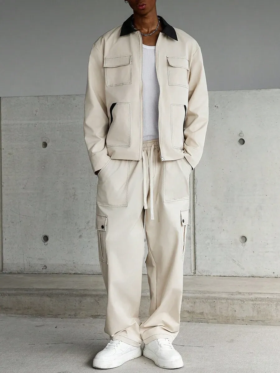 コントラストステッチ マルチポケット カーキ メンズ 長袖 ジャケット パンツセット