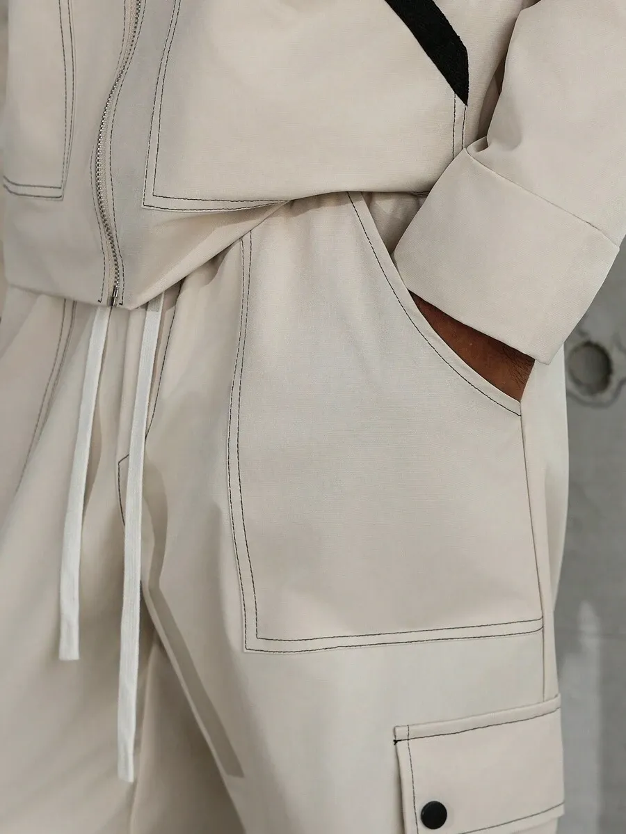 コントラストステッチ マルチポケット カーキ メンズ 長袖 ジャケット パンツセット