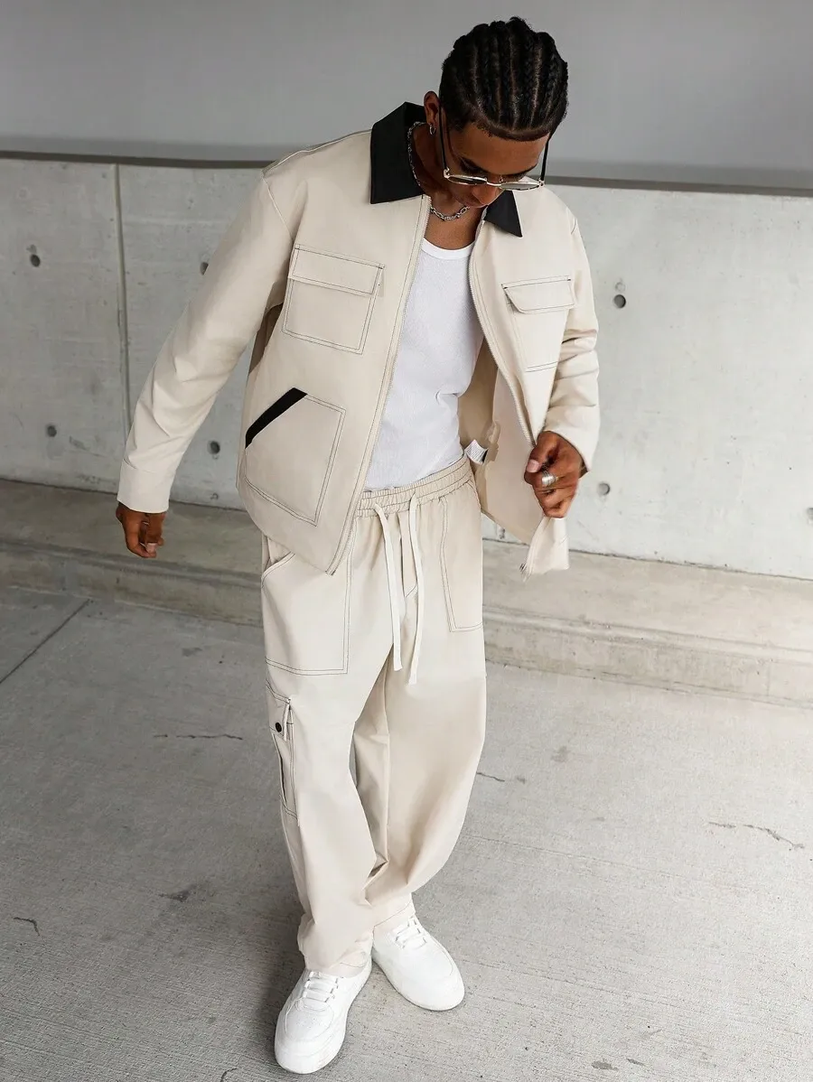 コントラストステッチ マルチポケット カーキ メンズ 長袖 ジャケット パンツセット