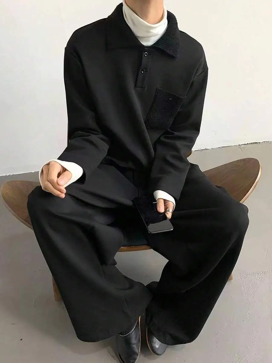 メンズ ブラック カジュアル ポロカラー 長袖 ポケット付き スウェットシャツ パンツ セット