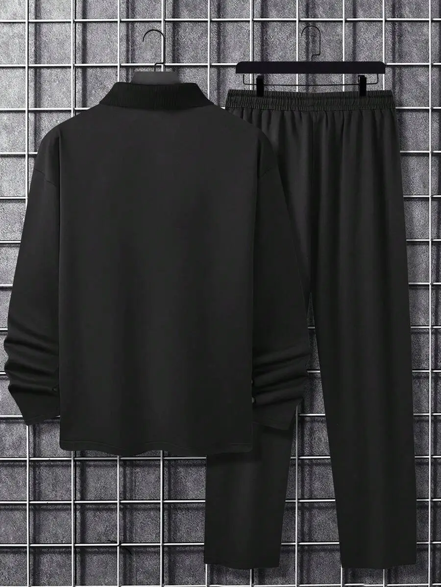メンズ ブラック カジュアル ポロカラー 長袖 ポケット付き スウェットシャツ パンツ セット