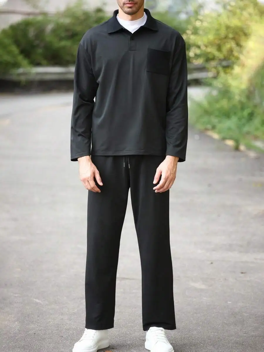 メンズ ブラック カジュアル ポロカラー 長袖 ポケット付き スウェットシャツ パンツ セット