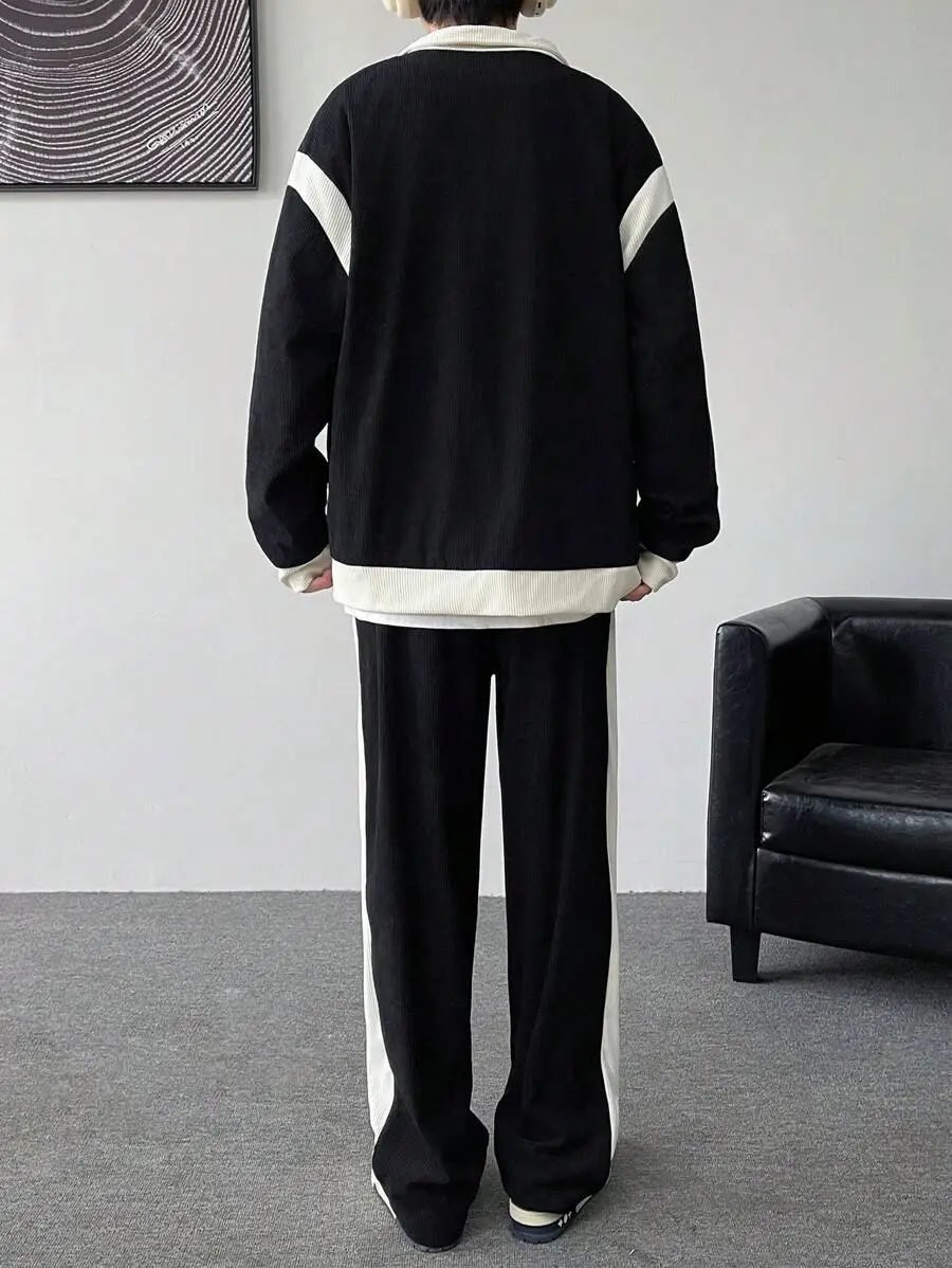 コントラストカラー ロングスリーブ ジップフロントカジュアルジャケット パンツ セット