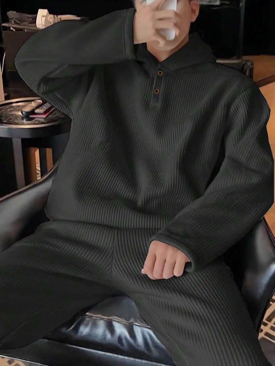 メンズ 秋 ルーズ フーデッド ドロップショルダー スウェットシャツ&パンツ セットアップ