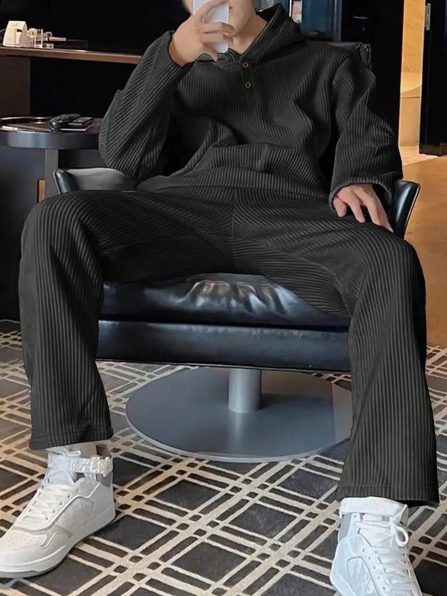 メンズ 秋 ルーズ フーデッド ドロップショルダー スウェットシャツ&パンツ セットアップ