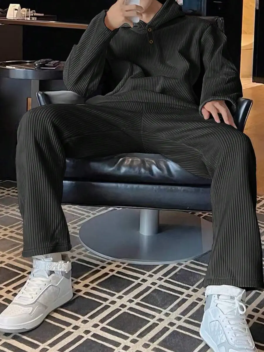 メンズ 秋 ルーズ フーデッド ドロップショルダー スウェットシャツ&パンツ セットアップ