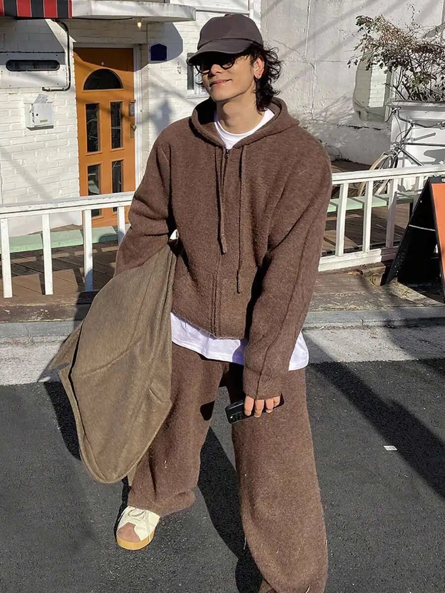 メンズ 茶色 ニットパーカー シンプル 上下セット