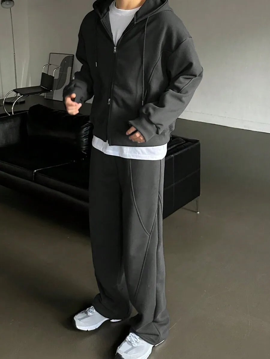 無地 ジップアップ フード付き スウェットシャツ ポケット付き パンツ 2点セット