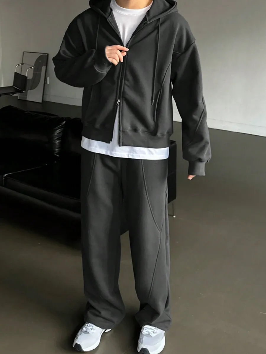 無地 ジップアップ フード付き スウェットシャツ ポケット付き パンツ 2点セット