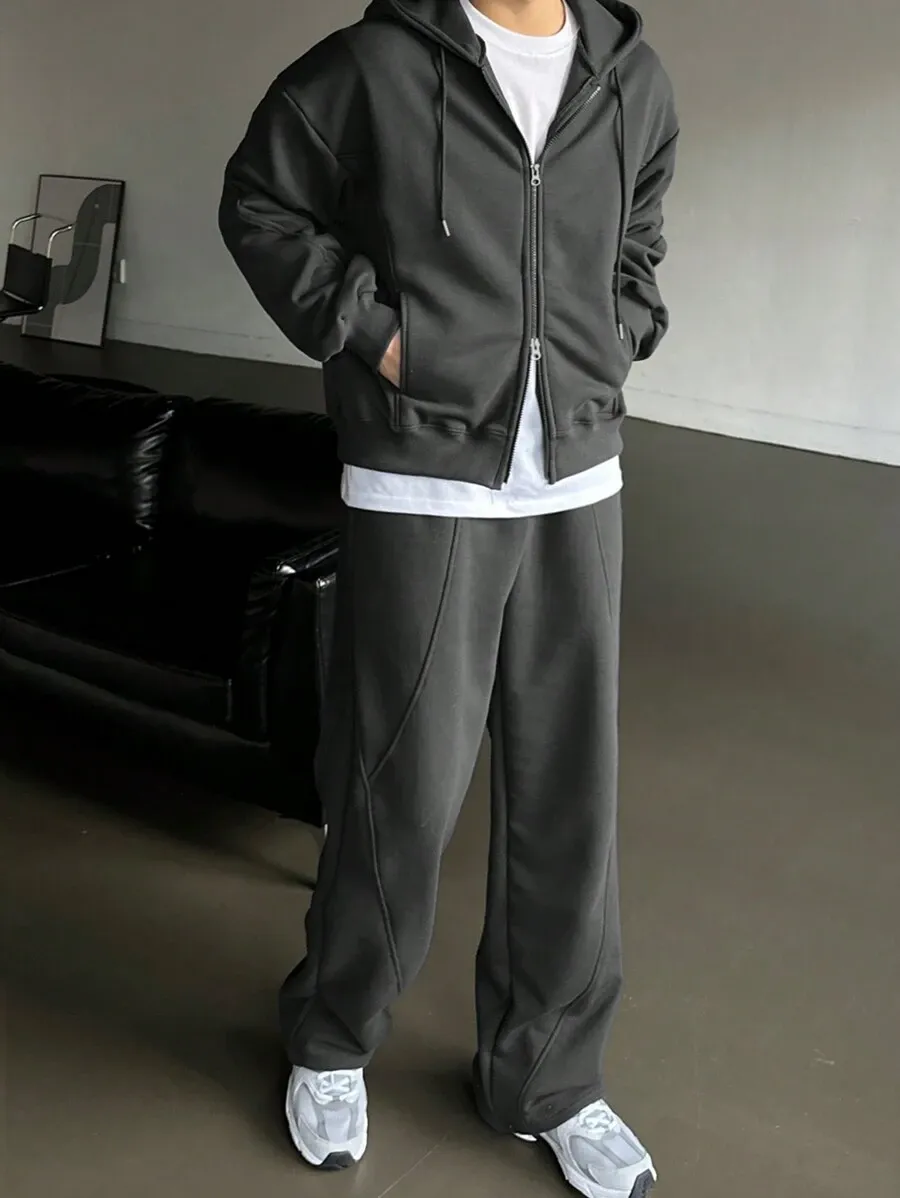 無地 ジップアップ フード付き スウェットシャツ ポケット付き パンツ 2点セット