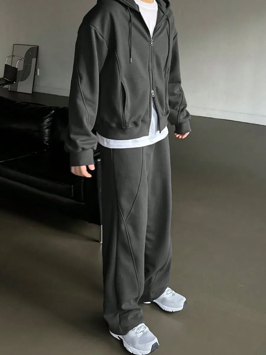 無地 ジップアップ フード付き スウェットシャツ ポケット付き パンツ 2点セット