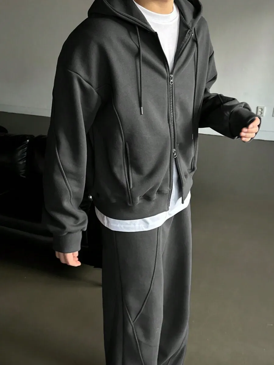 無地 ジップアップ フード付き スウェットシャツ ポケット付き パンツ 2点セット