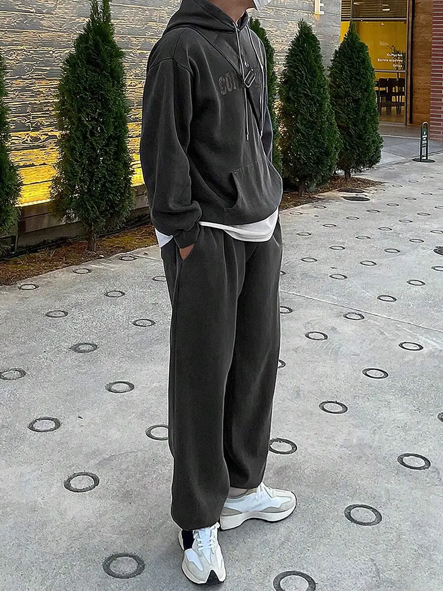 メンズ レター刺繍 パーカー セット ダークグレー