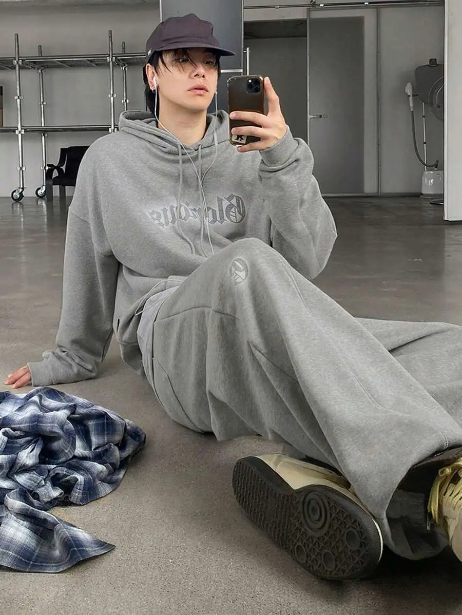 グレー レターグラフィック フリースパーカー  裏起毛 セット