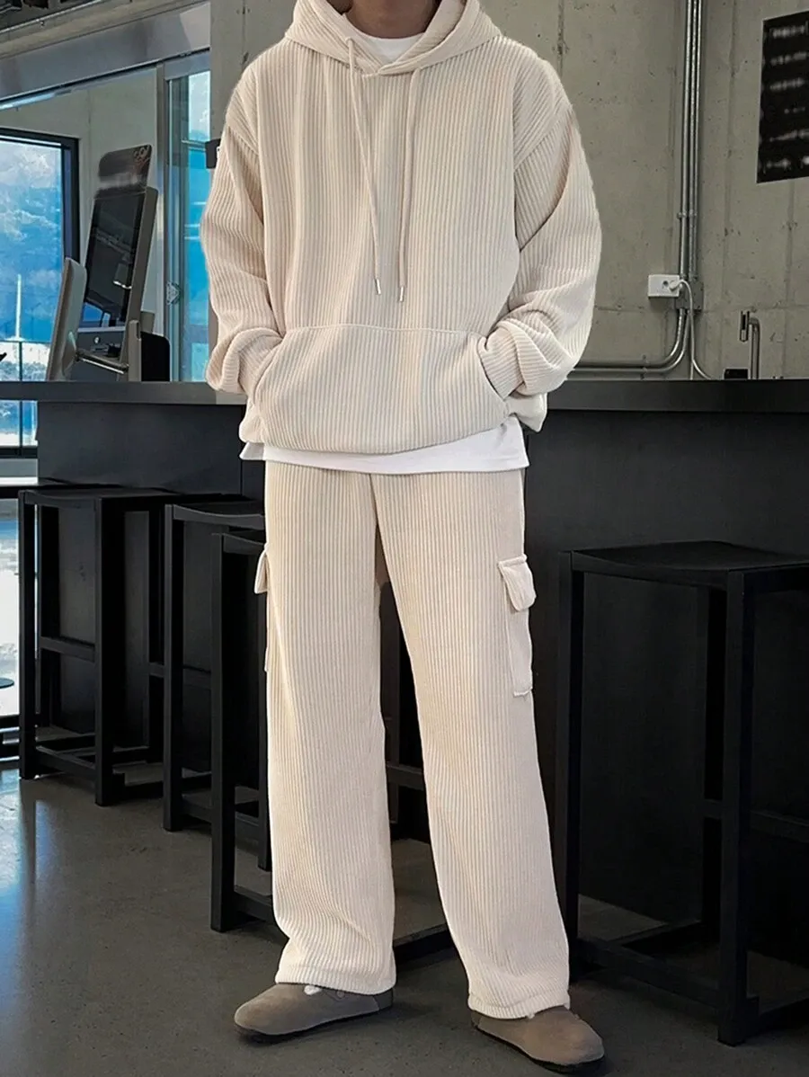 カジュアル 無地 コーデュロイ ドロップショルダー リラックスフィット パーカー  カーゴパンツ セット