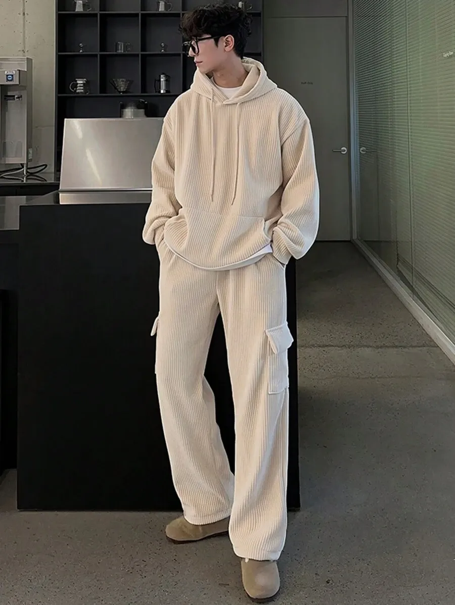 カジュアル 無地 コーデュロイ ドロップショルダー リラックスフィット パーカー  カーゴパンツ セット