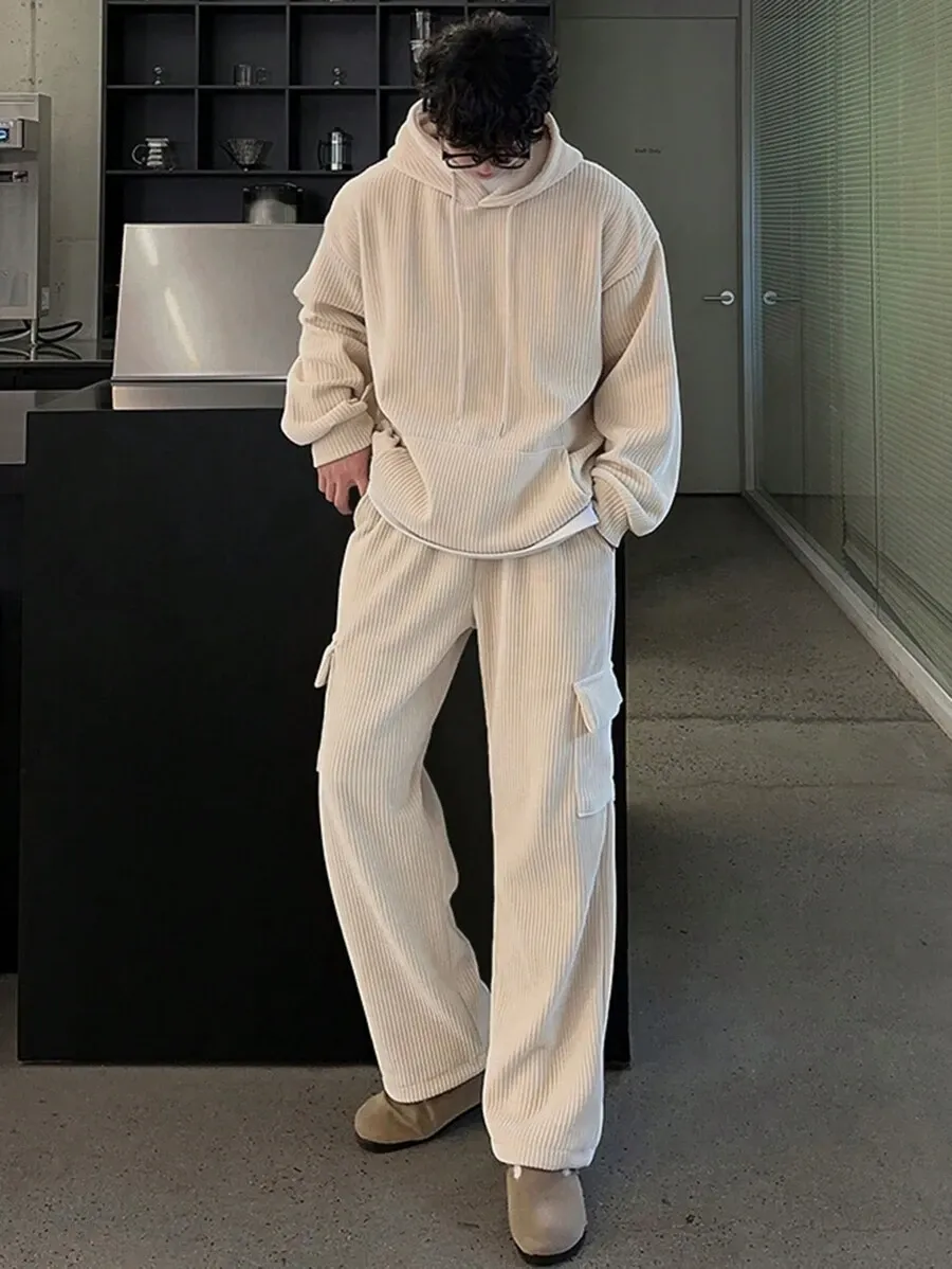 カジュアル 無地 コーデュロイ ドロップショルダー リラックスフィット パーカー  カーゴパンツ セット