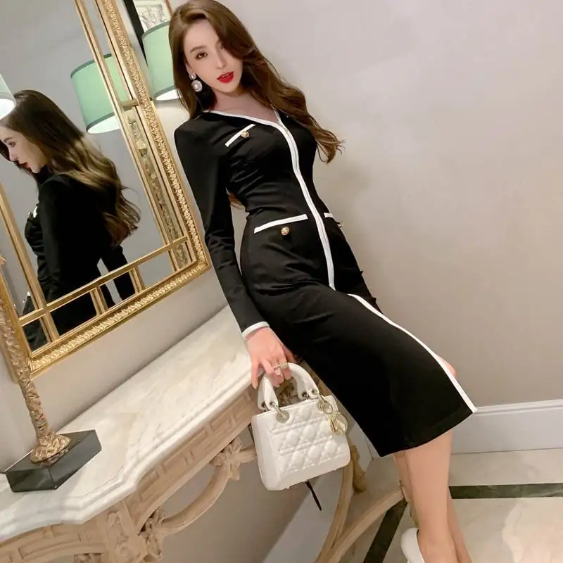 ワンピース OL/通勤 Vネック 優雅 ハイエンド ジッパー ブラック