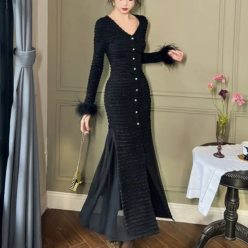 ワンピース 大人スタイル Vネック パーティー フィッシュテール 切り替え ブラック