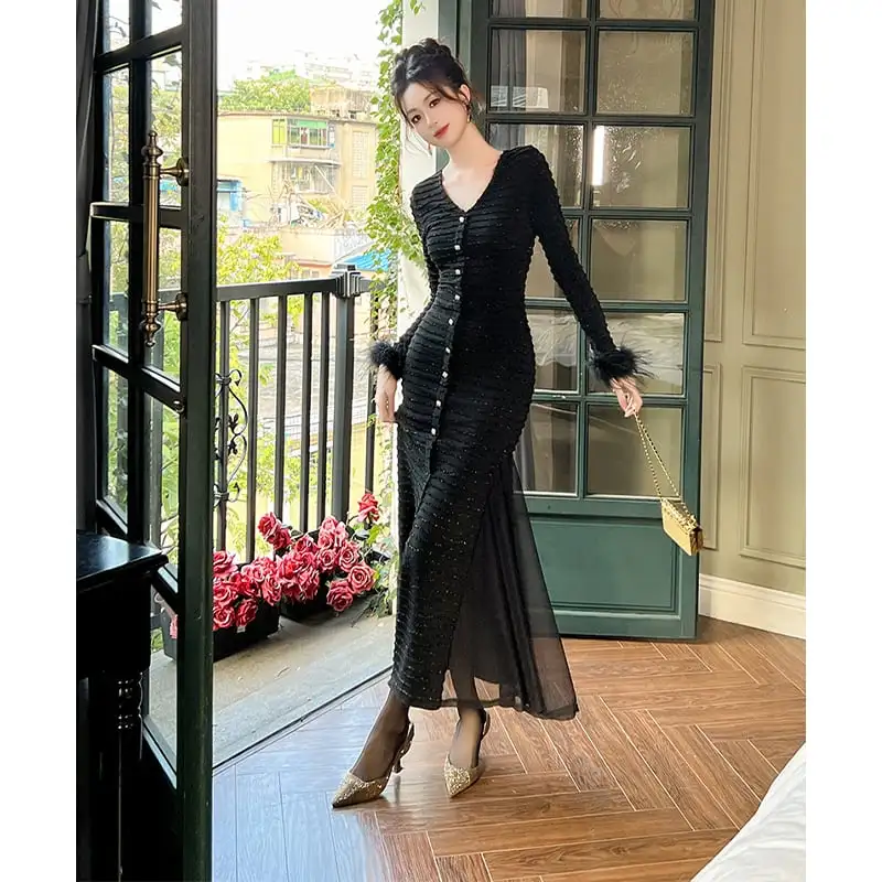 ワンピース 大人スタイル Vネック パーティー フィッシュテール 切り替え ブラック