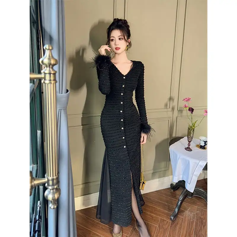 ワンピース 大人スタイル Vネック パーティー フィッシュテール 切り替え ブラック