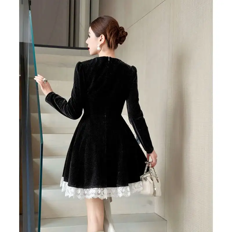 ワンピース ビロード 長袖 Aライン ブラック