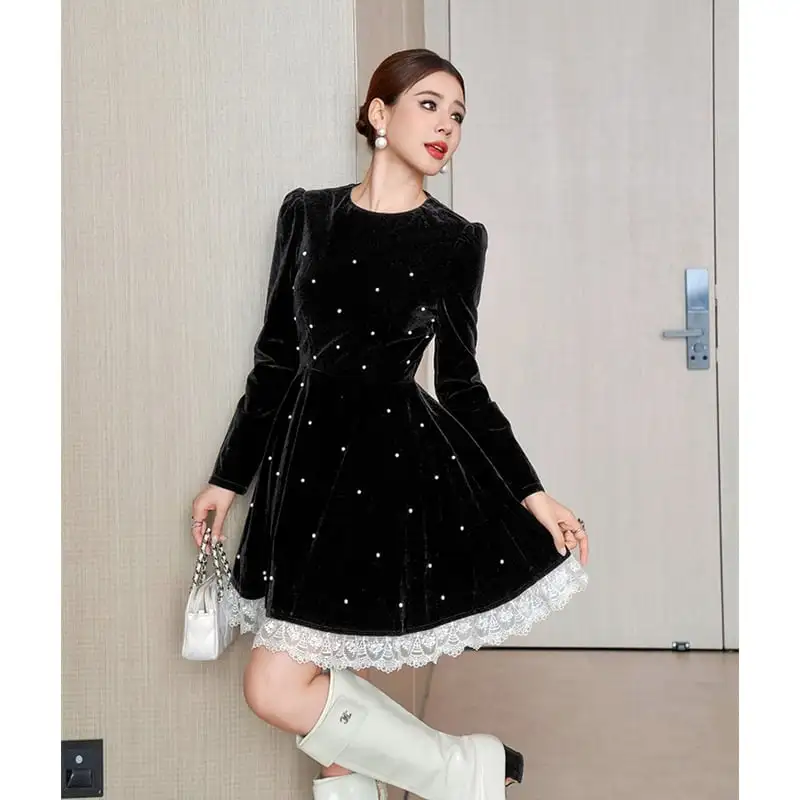 ワンピース ビロード 長袖 Aライン ブラック