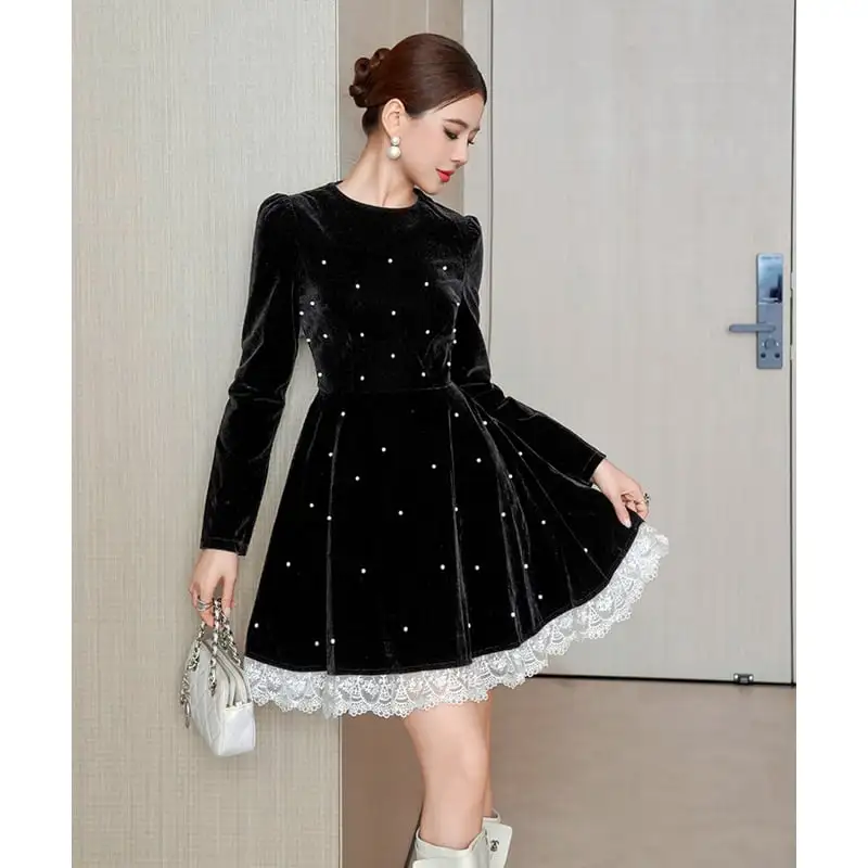 ワンピース ビロード 長袖 Aライン ブラック