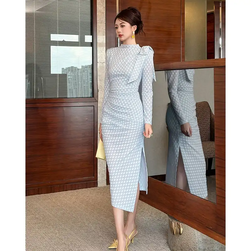 ワンピース 花柄 スリット 長袖 ブルー