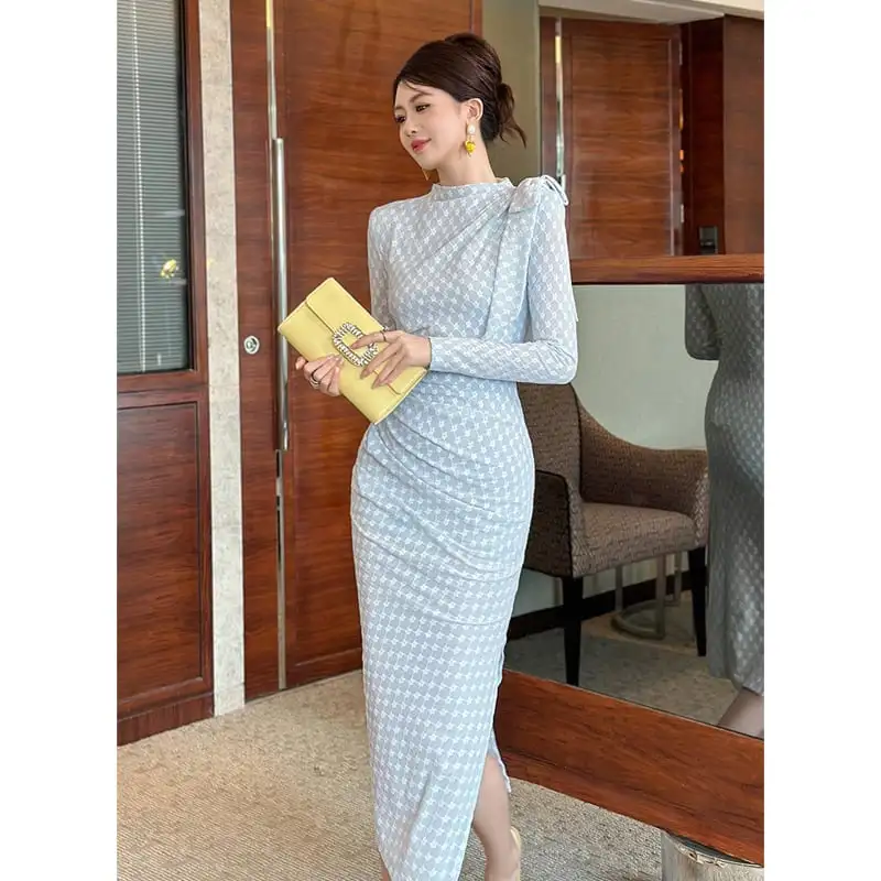 ワンピース 花柄 スリット 長袖 ブルー