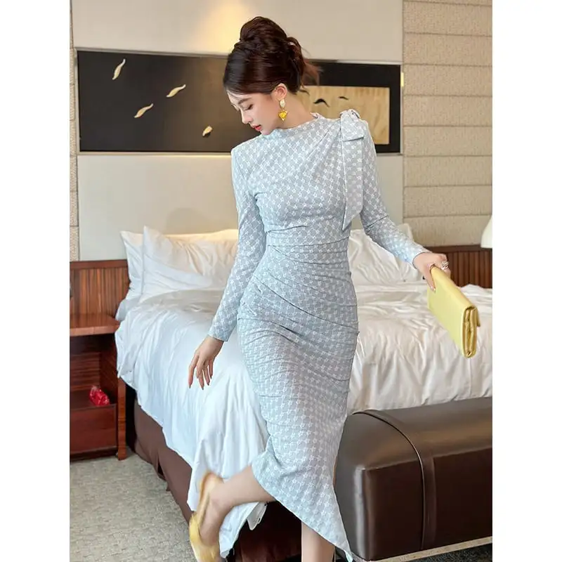 ワンピース 花柄 スリット 長袖 ブルー