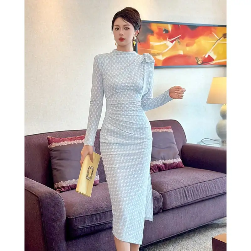 ワンピース 花柄 スリット 長袖 ブルー