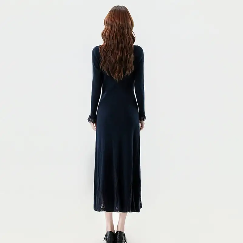 ワンピース 4色展開 レース エレガント ニット 長袖 ベージュ ブラック コーヒー色 ダークブルー